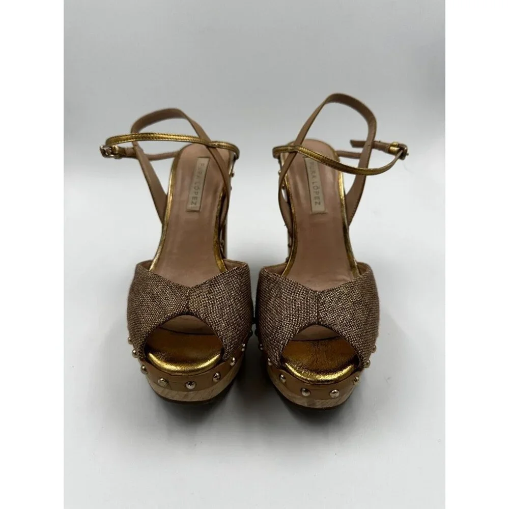 Pura Lopez Size 36 Studded Heeled Sandals Pumps Platform Wooden Chunky Heel Shoe - Picture 3 of 8